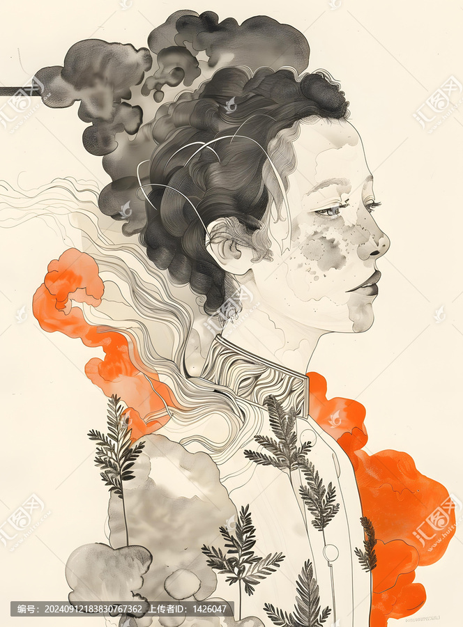 灰色和橙色云朵中的抽象女人
