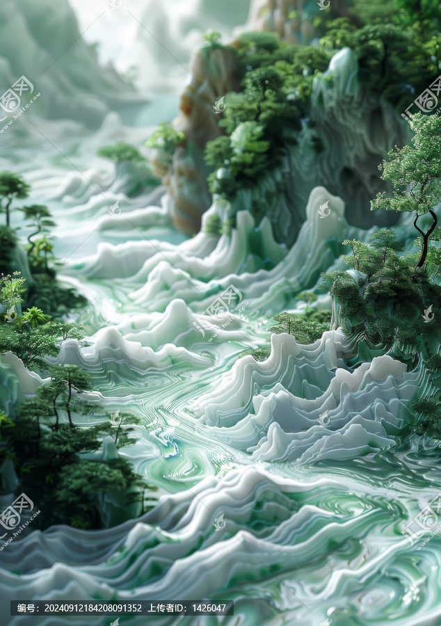 碧綠與白色的渲染山地景觀一條河流穿流其中