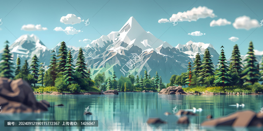 低多邊形山脈湖泊風(fēng)景