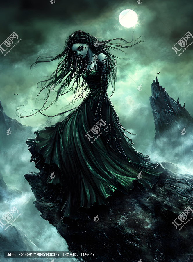 黑暗幻想藝術(shù),長發(fā)女子身穿綠色長裙站在懸崖上
