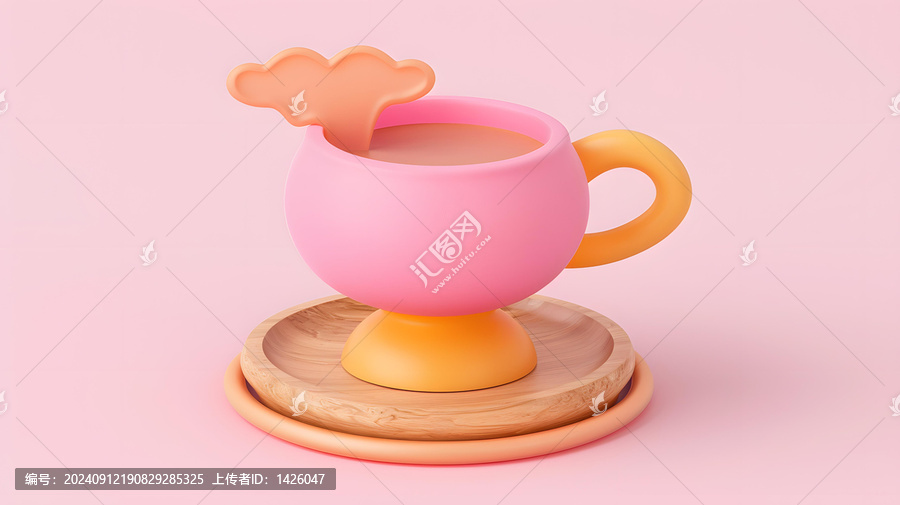 粉色和黃色的3D渲染咖啡杯和木質(zhì)杯墊
