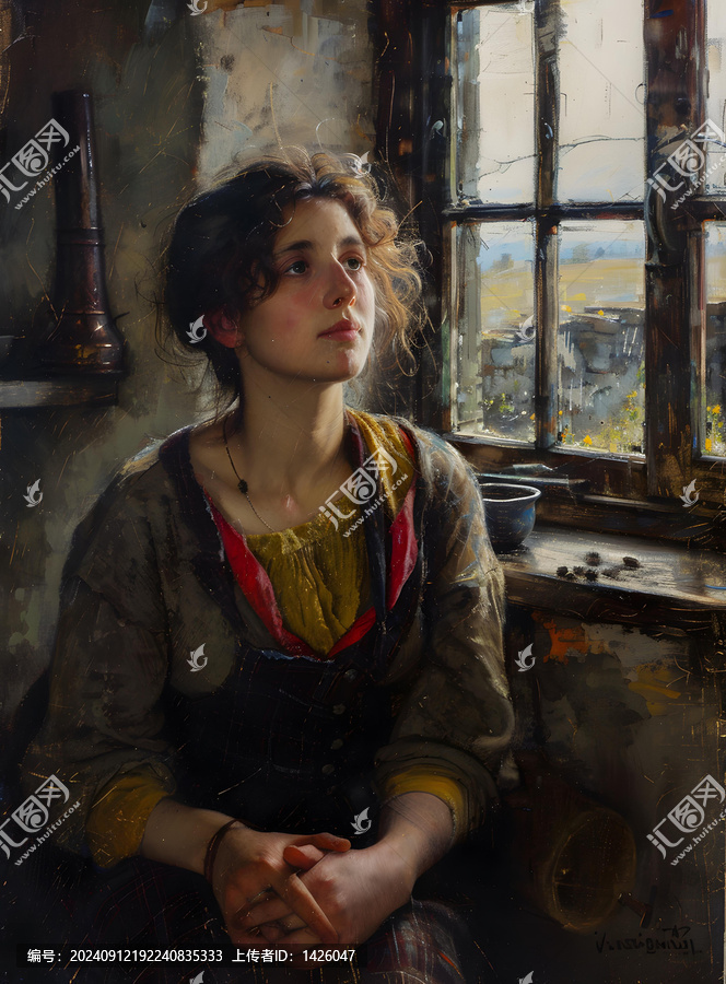 一個農(nóng)家少女眺望窗外