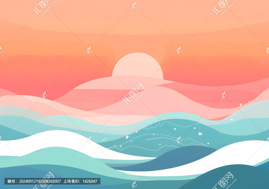 簡約風(fēng)格的海洋波浪日落