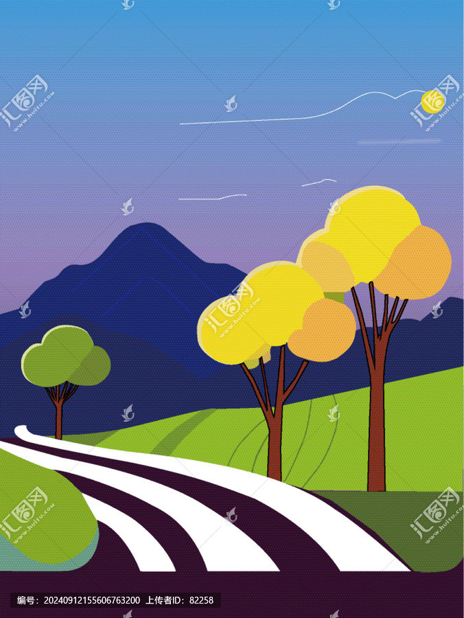 田園風(fēng)光樹木馬路矢量風(fēng)景畫