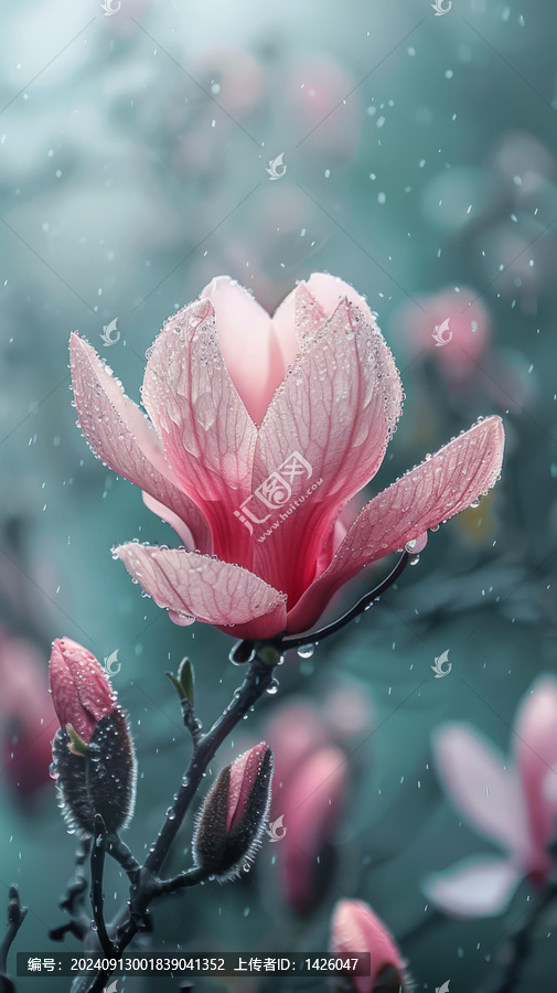 雨滴落在粉色的玉蘭花上