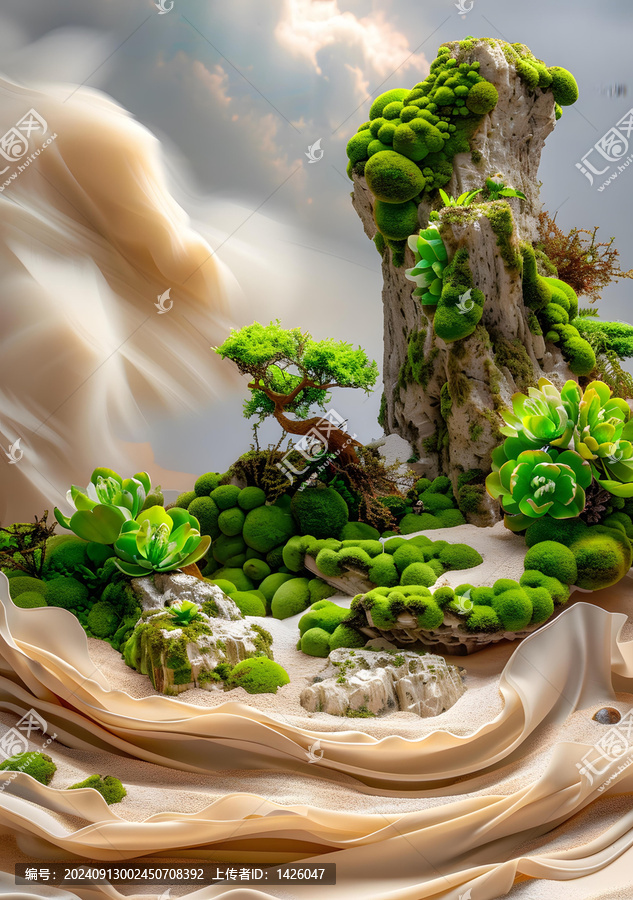 綠苔巖石形成與沙漠景觀中的小樹