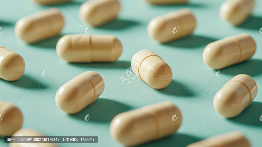 淺綠色表面散落著許多淺棕色的藥丸的近照