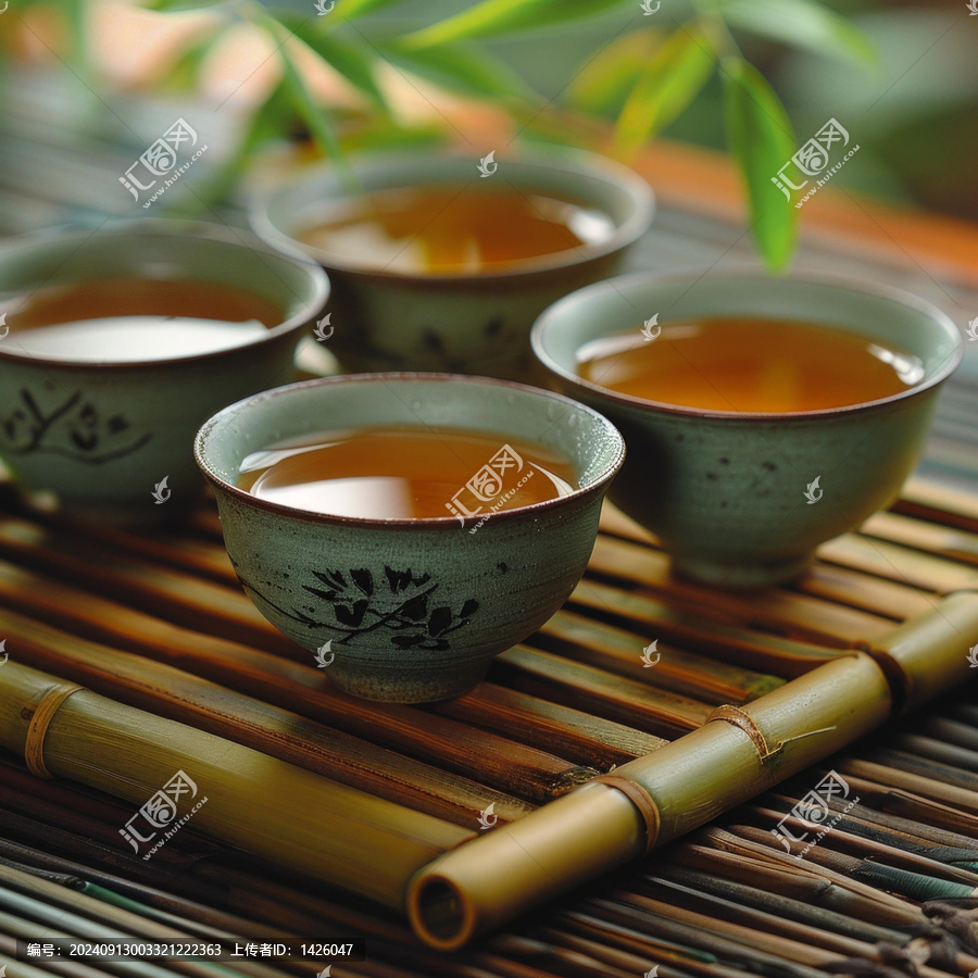 竹葉背景下竹制托盤上的四只陶瓷茶杯