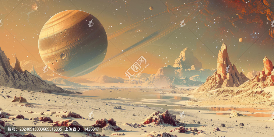 巨大的衛(wèi)星和雙太陽的沙漠行星插圖