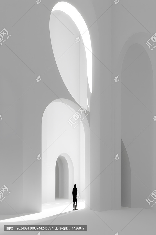 白色拱形建筑室內(nèi)，人物剪影