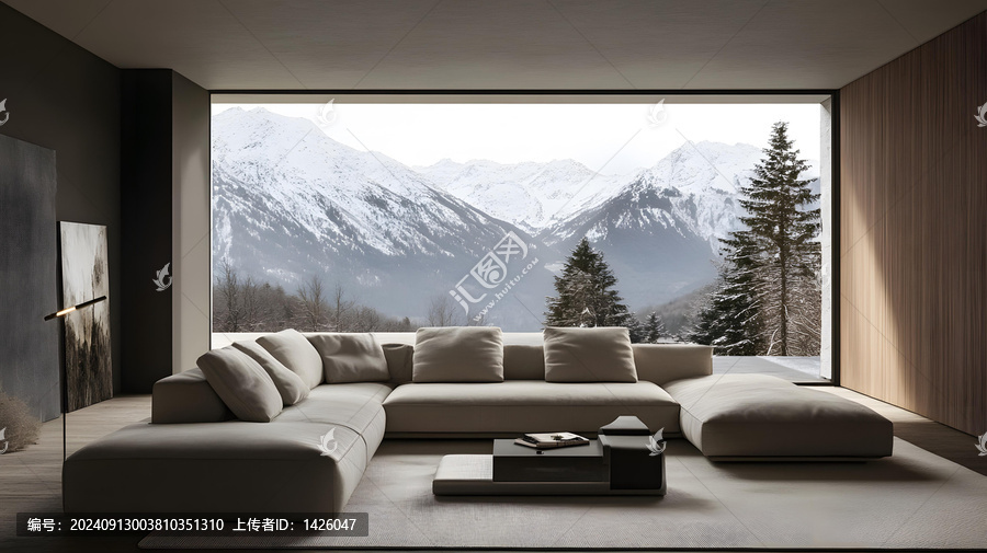 極簡主義現(xiàn)代客廳設(shè)計，窗外雪山景色