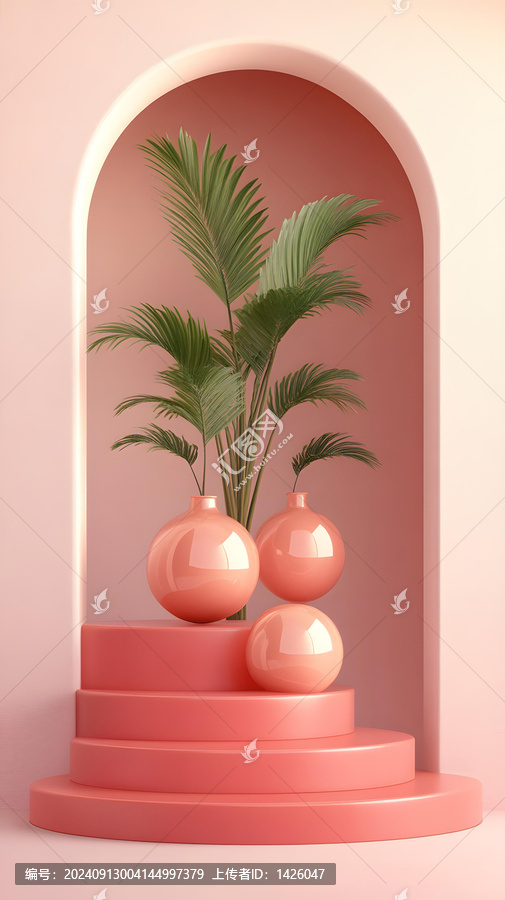 粉紅色簡(jiǎn)約風(fēng)格背景下的棕櫚樹花瓶和平臺(tái)