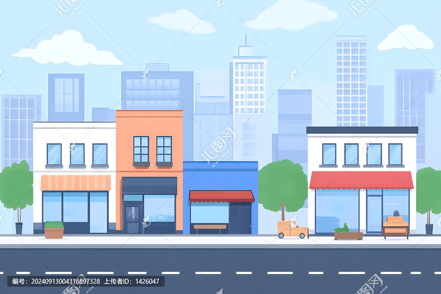 卡通城市街景店鋪建筑