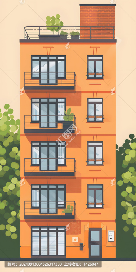 帶陽臺和植物的橙色建筑