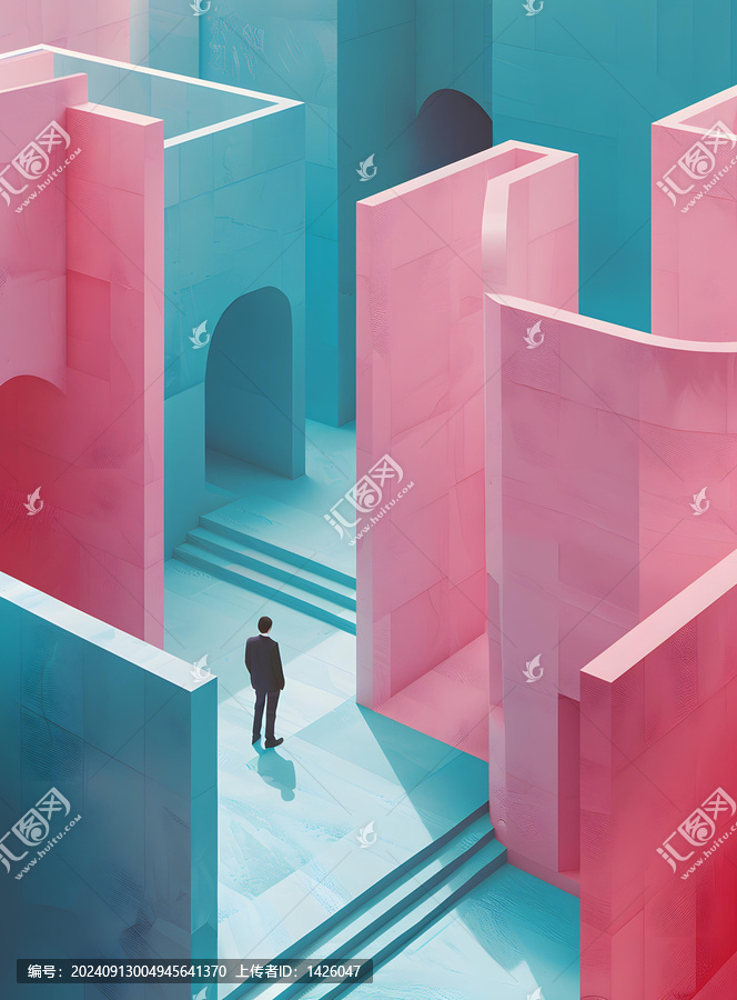 一個人站在一個五彩繽紛的3D迷宮中