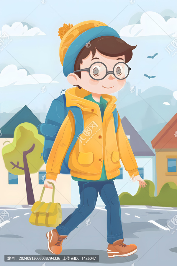 卡通男孩背著書包走在上學的路上