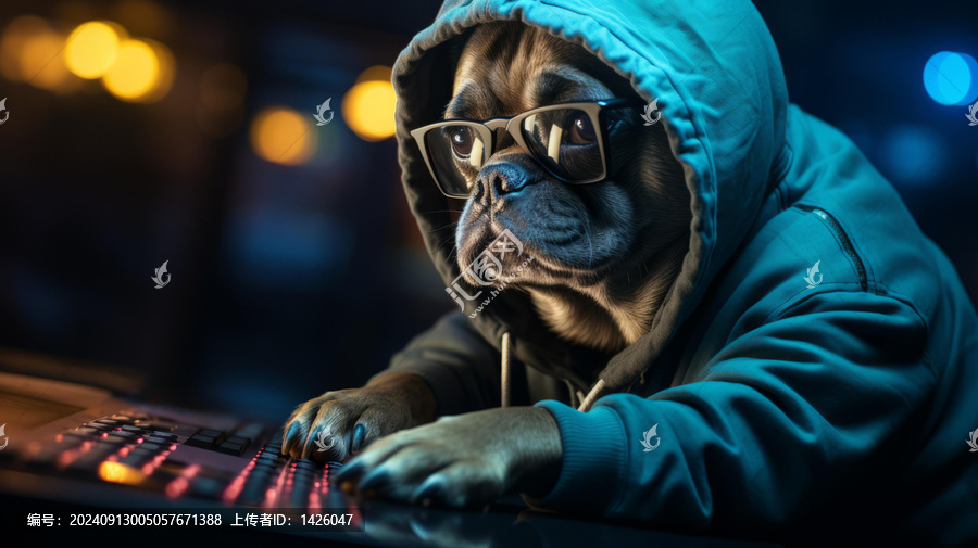 戴著頭巾眼鏡的法國斗牛犬在電腦鍵盤前