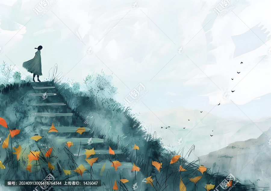 水彩畫中穿裙子的女人站在山頂上，鳥兒飛走了