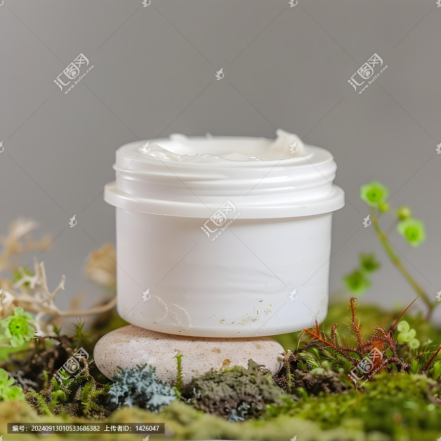 白色保濕霜罐在青苔和石頭背景上的特寫