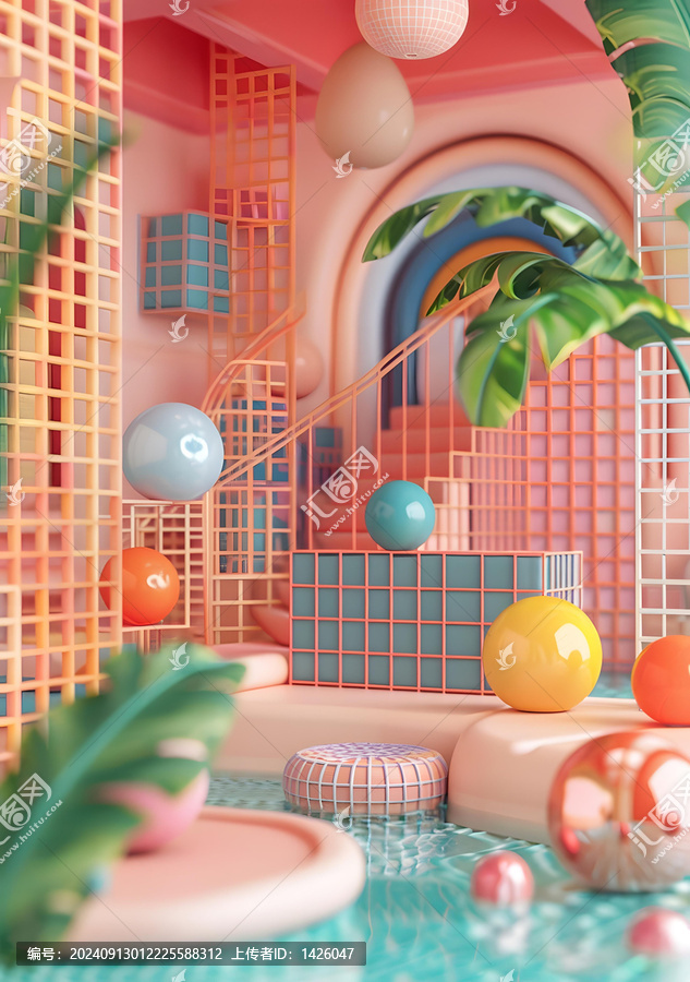 幾何圖形和水池的彩色房間抽象3D