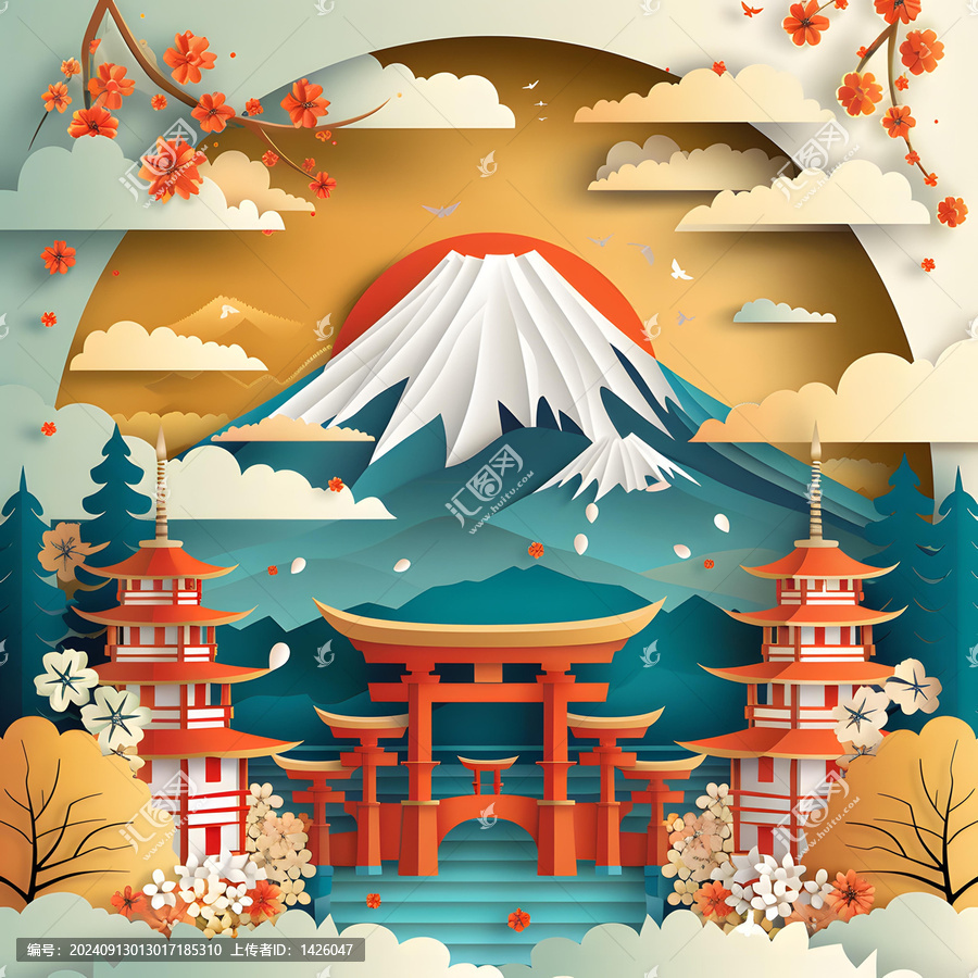 富士山與鳥居和寶塔的剪紙藝術(shù)