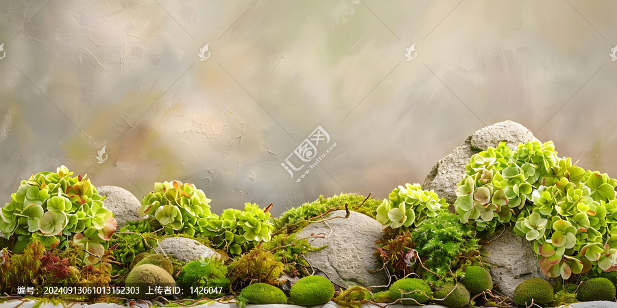石頭背景上的綠色繡球花和苔蘚