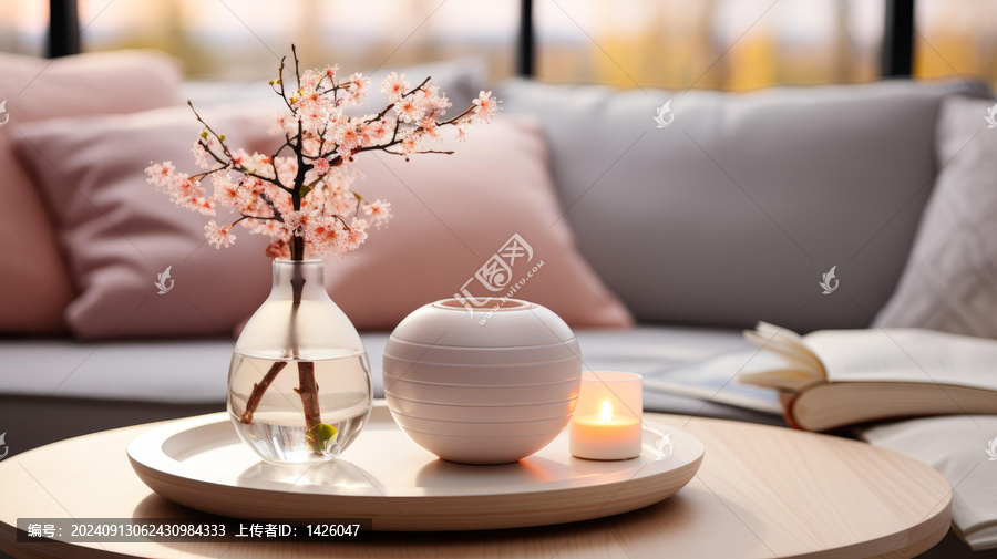 客廳茶幾上擺放著一瓶花和蠟燭