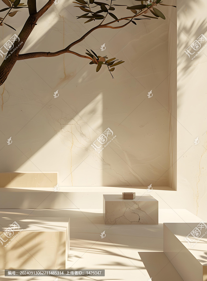 極簡(jiǎn)米色大理石背景與樹枝陽(yáng)光
