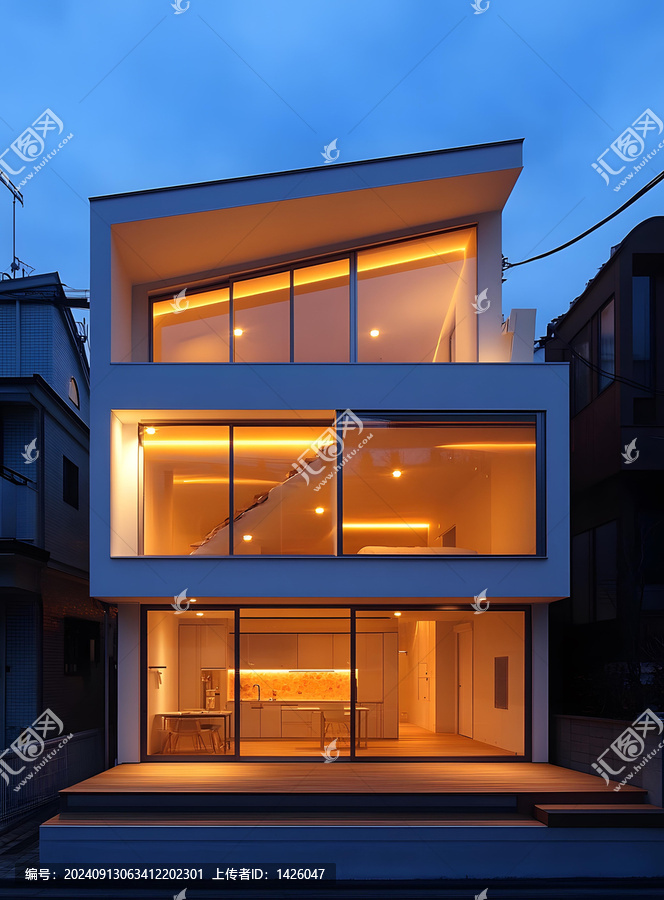 夜晚燈光照亮的現(xiàn)代白色建筑