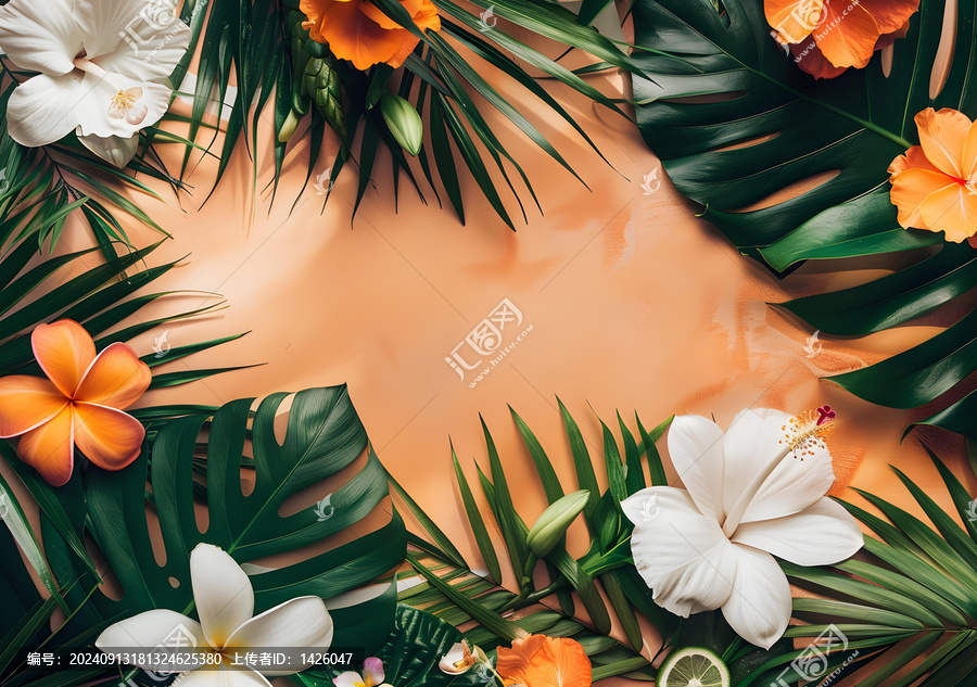 熱帶花卉背景，白色和橙色花朵
