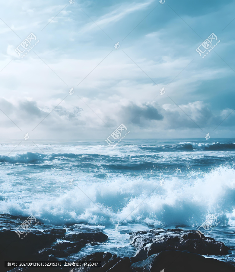 海浪拍打巖石，云層密布的天空