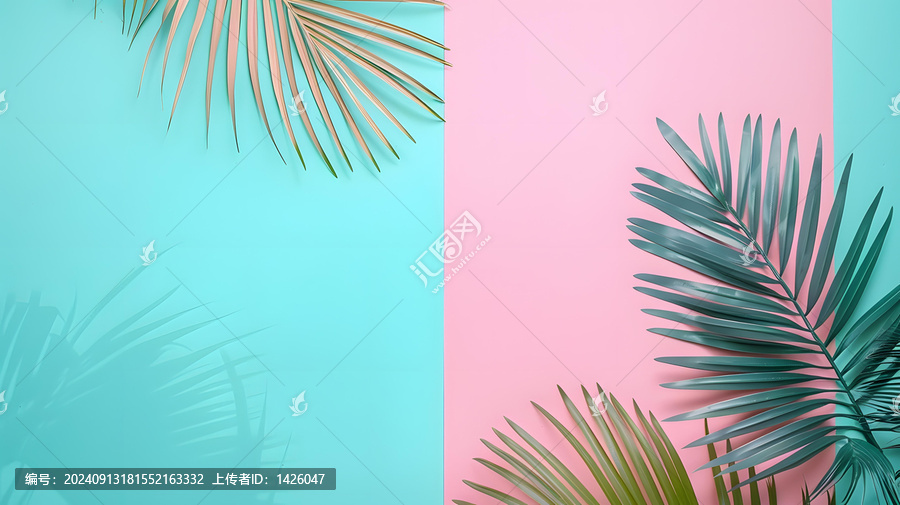 粉色藍(lán)色背景上的熱帶樹葉