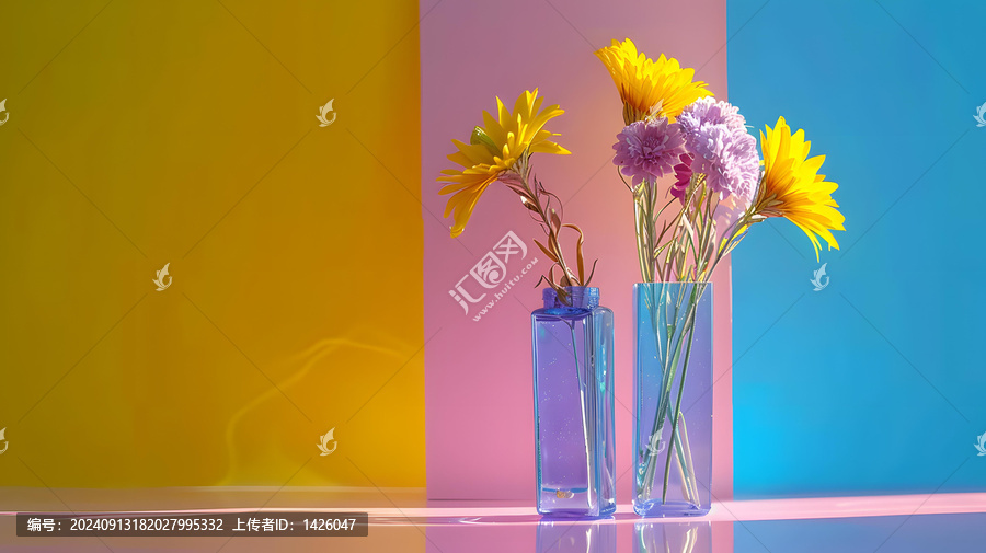 彩色花卉在藍(lán)色花瓶中的黃色粉色和藍(lán)色背景