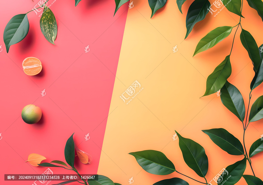彩色背景上的綠色葉子和橙色水果