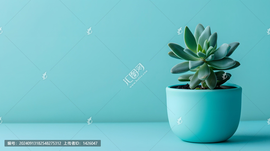 藍(lán)綠色背景下單株多肉植物