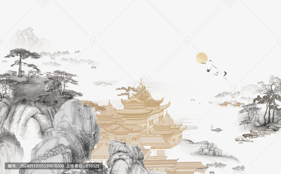 山水畫手繪線描山水圖