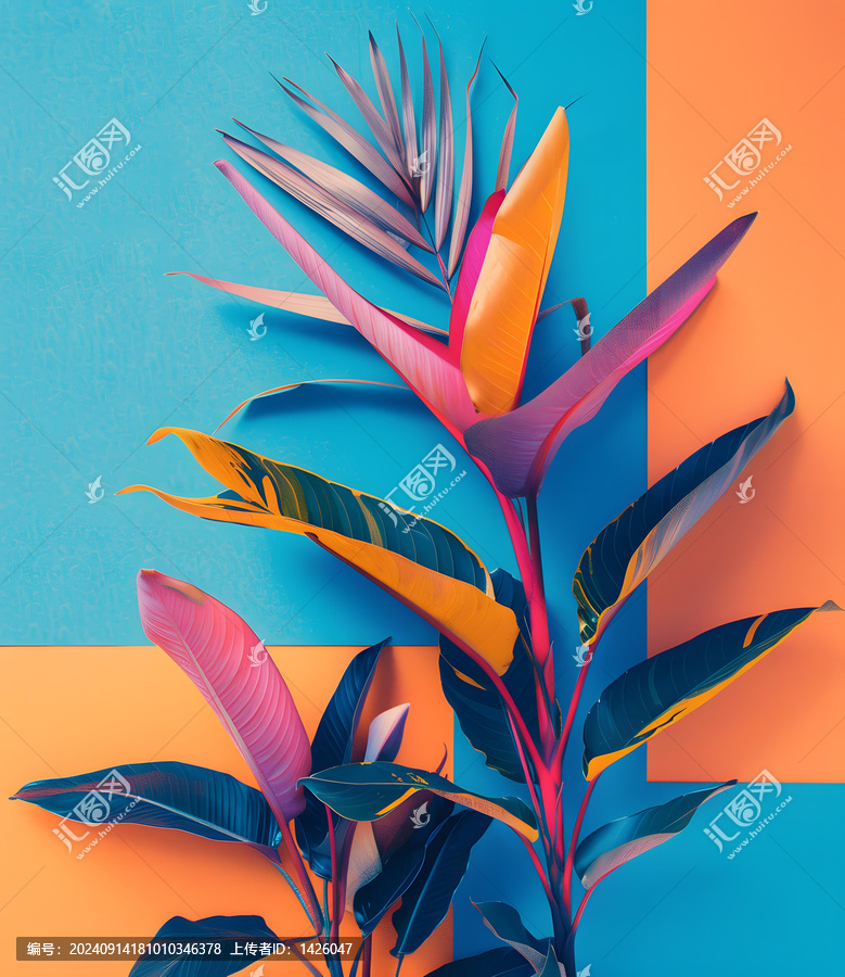 藍(lán)色和橙色背景上的熱帶樹葉