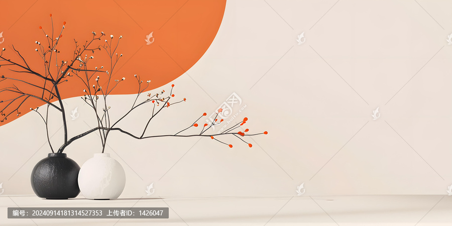 簡約風格黑白花瓶與橙色背景的裝飾