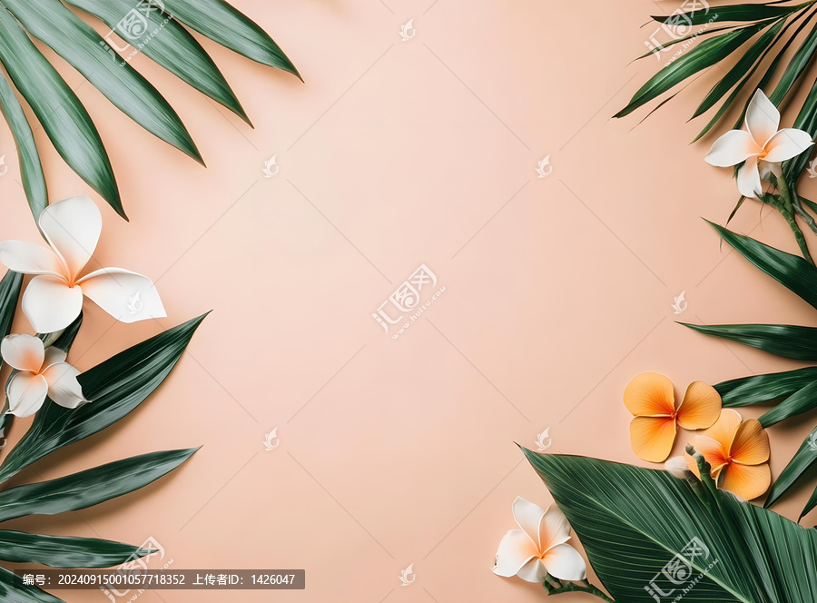 桃色背景上的熱帶花卉葉片