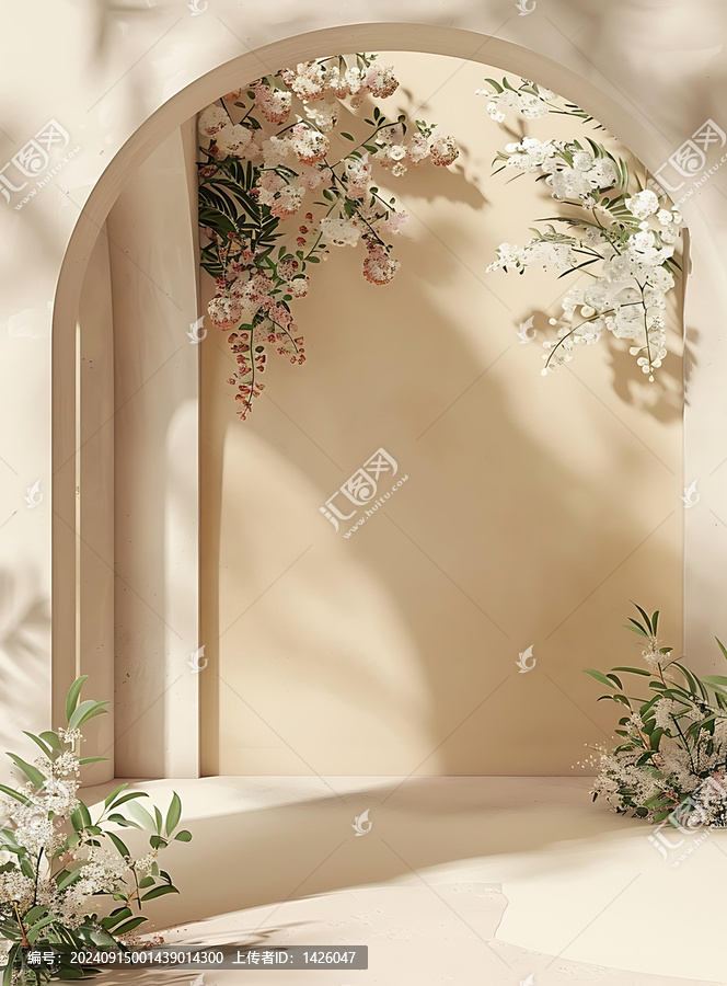 極簡主義拱門花卉裝飾米色墻壁背景