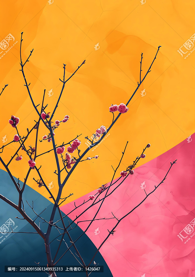 粉色花朵在黃色和粉色背景上的樹枝