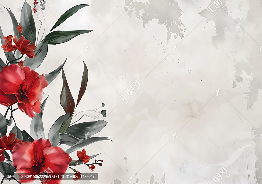 紅色花朵綠色葉子白色背景花卉設(shè)計