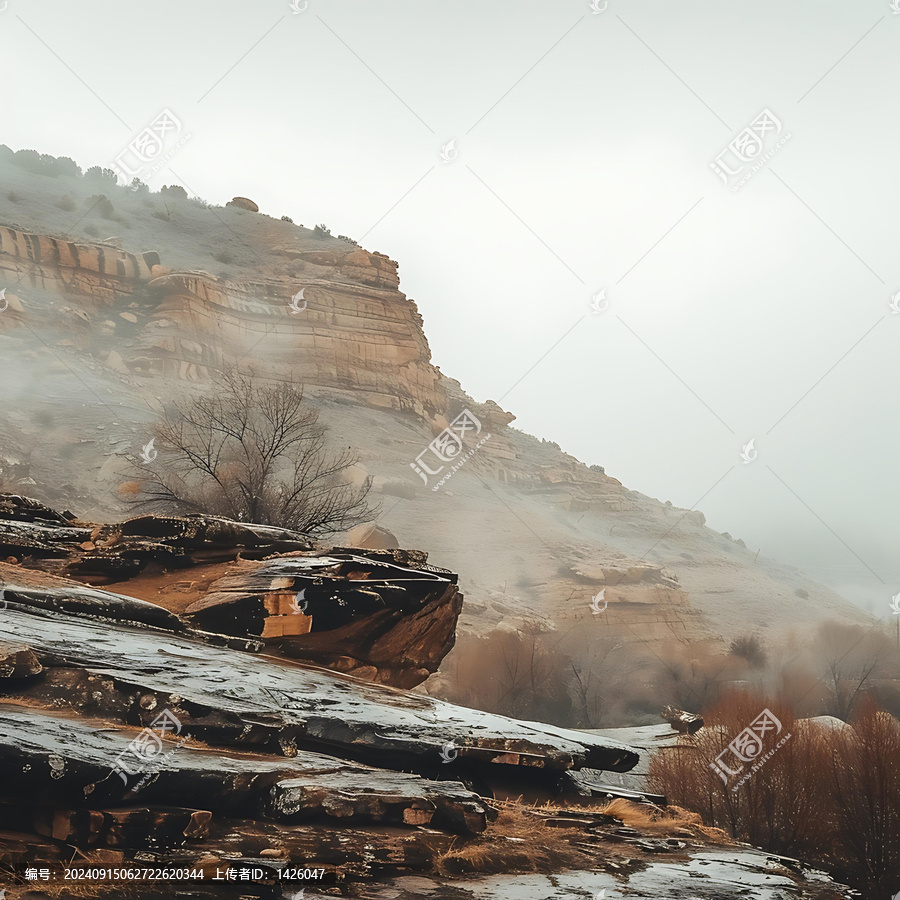 霧氣籠罩的巖石山景