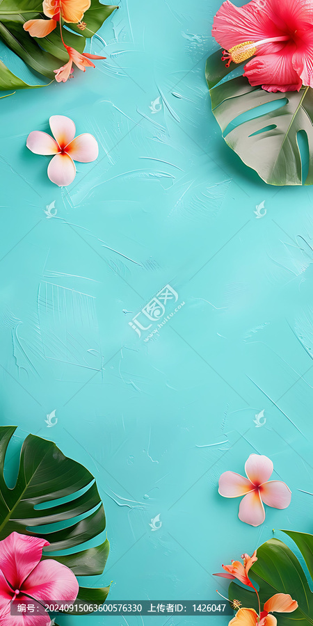 藍(lán)色背景上的熱帶花卉和葉子