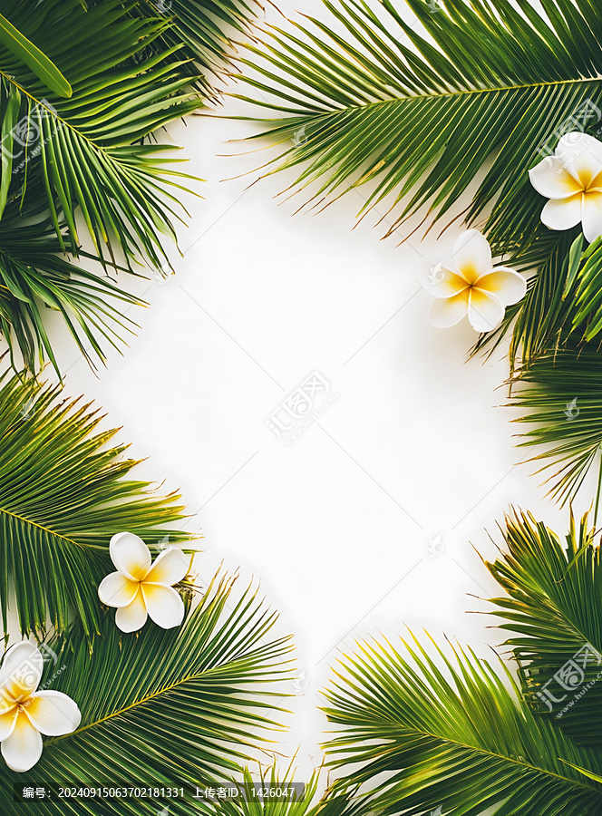 熱帶棕櫚葉和白色花朵邊框