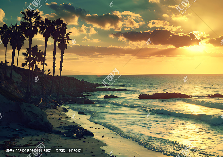 金色夕陽下海灘上的棕櫚樹剪影
