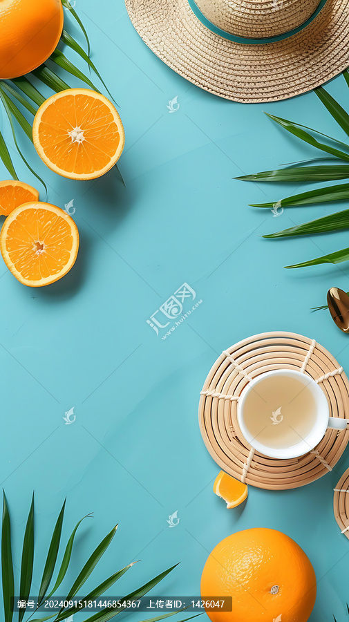 夏日度假風格的橙子和棕櫚葉平鋪