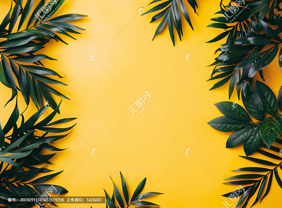 黃色背景上的熱帶植物葉片