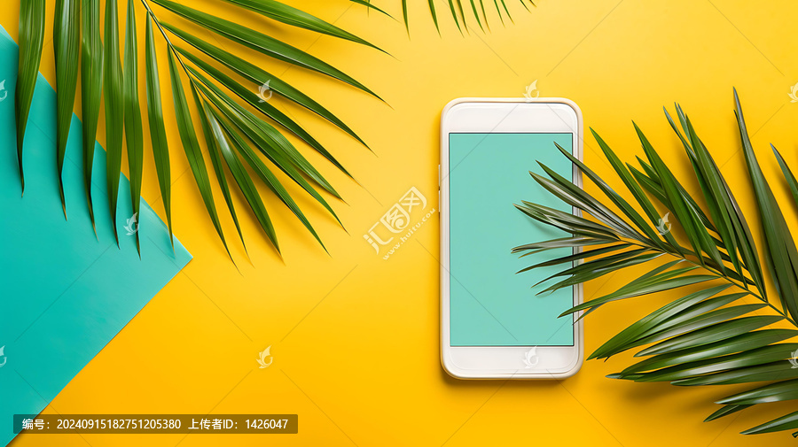夏季手機模型與棕櫚葉