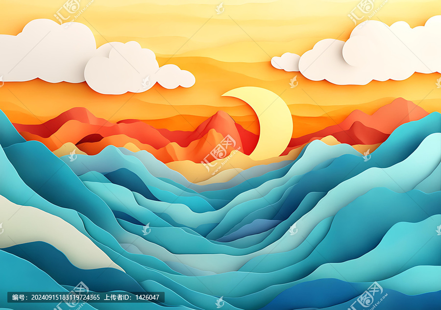 紙藝剪紙風(fēng)格風(fēng)景月牙